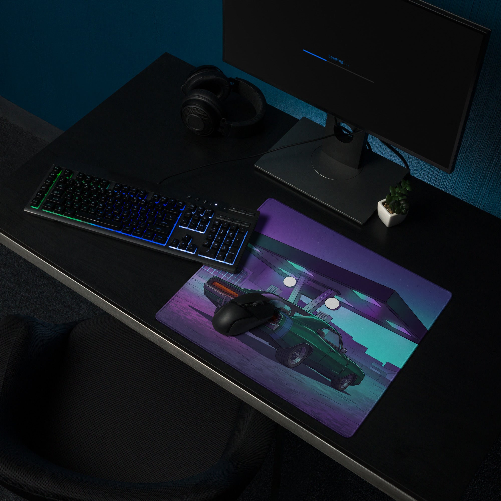 Dodge Challenger Inspired Green Purple Vaporwave Gaming Mouse Pad, Neon Retro Garage Desk Mat with Moody Classic Muscle Car Artwork
