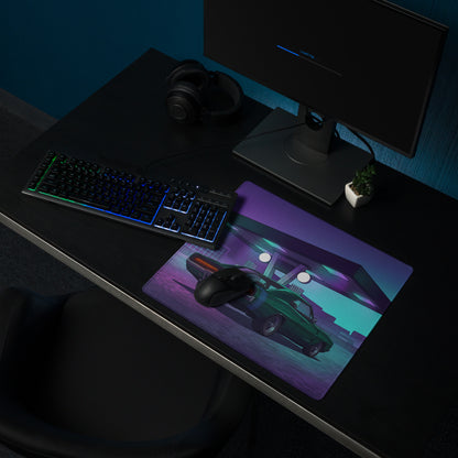 Dodge Challenger Inspired Green Purple Vaporwave Gaming Mouse Pad, Neon Retro Garage Desk Mat with Moody Classic Muscle Car Artwork