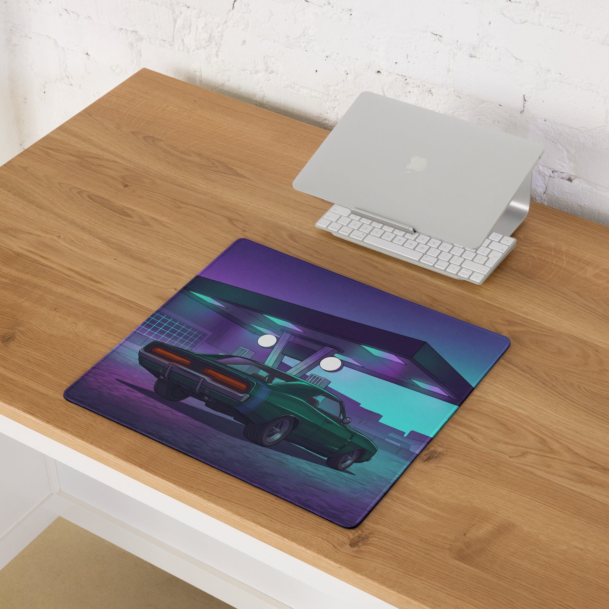Dodge Challenger Inspired Green Purple Vaporwave Gaming Mouse Pad, Neon Retro Garage Desk Mat with Moody Classic Muscle Car Artwork
