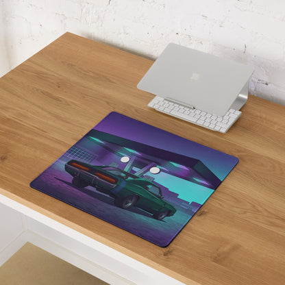 Dodge Challenger Inspired Green Purple Vaporwave Gaming Mouse Pad, Neon Retro Garage Desk Mat with Moody Classic Muscle Car Artwork