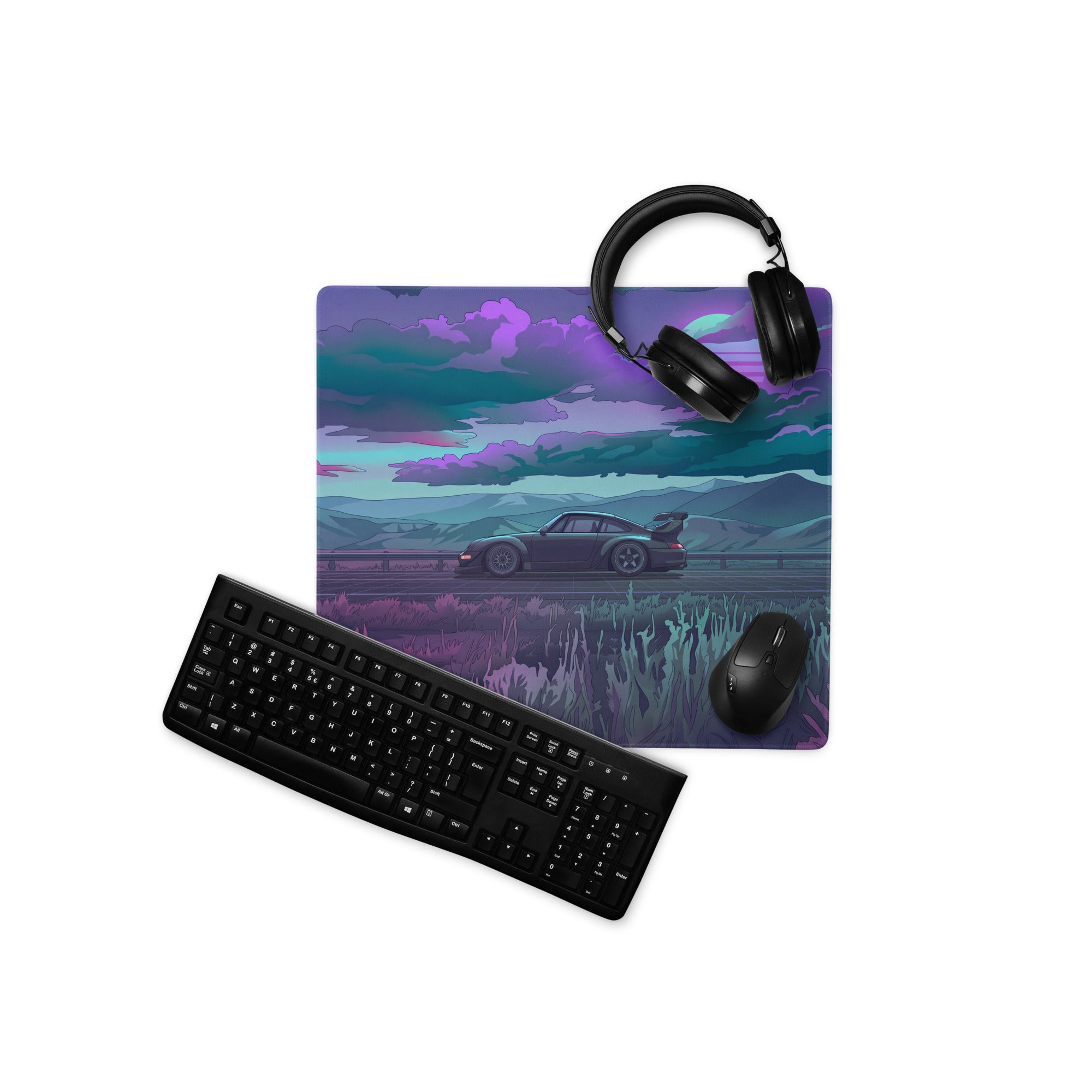 Porsche 911 964 RWB Inspired Purple Teal Vaporwave Gaming Mouse Pad, Moody Mountain Road Desk Mat with Retro Futuristic Widebody Car Artwork
