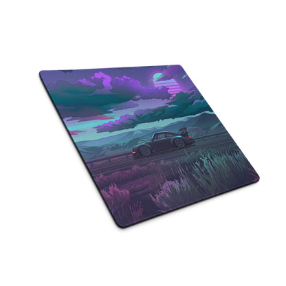 Porsche 911 964 RWB Inspired Purple Teal Vaporwave Gaming Mouse Pad, Moody Mountain Road Desk Mat with Retro Futuristic Widebody Car Artwork