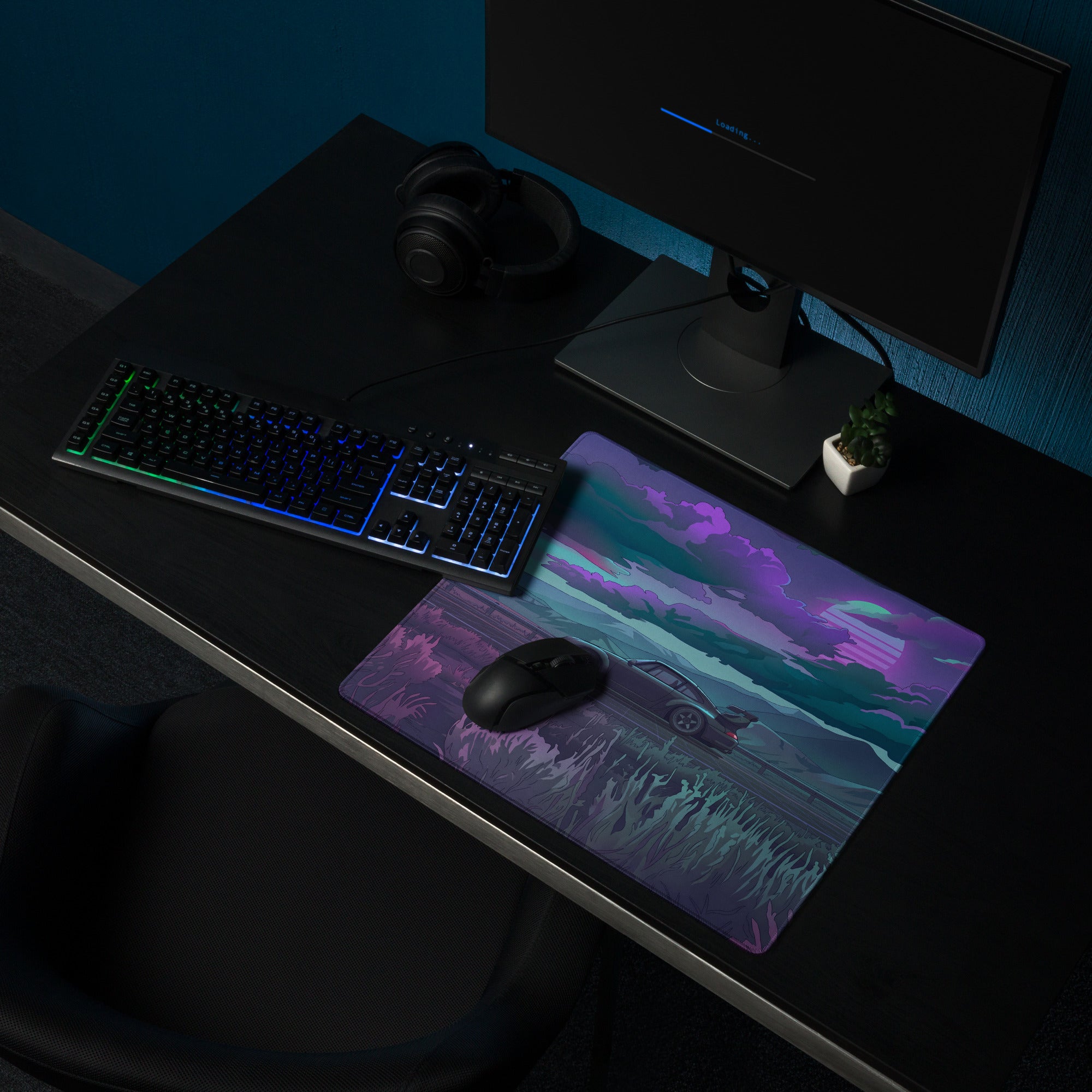 Porsche 911 964 RWB Inspired Purple Teal Vaporwave Gaming Mouse Pad, Moody Mountain Road Desk Mat with Retro Futuristic Widebody Car Artwork
