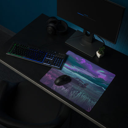 Porsche 911 964 RWB Inspired Purple Teal Vaporwave Gaming Mouse Pad, Moody Mountain Road Desk Mat with Retro Futuristic Widebody Car Artwork