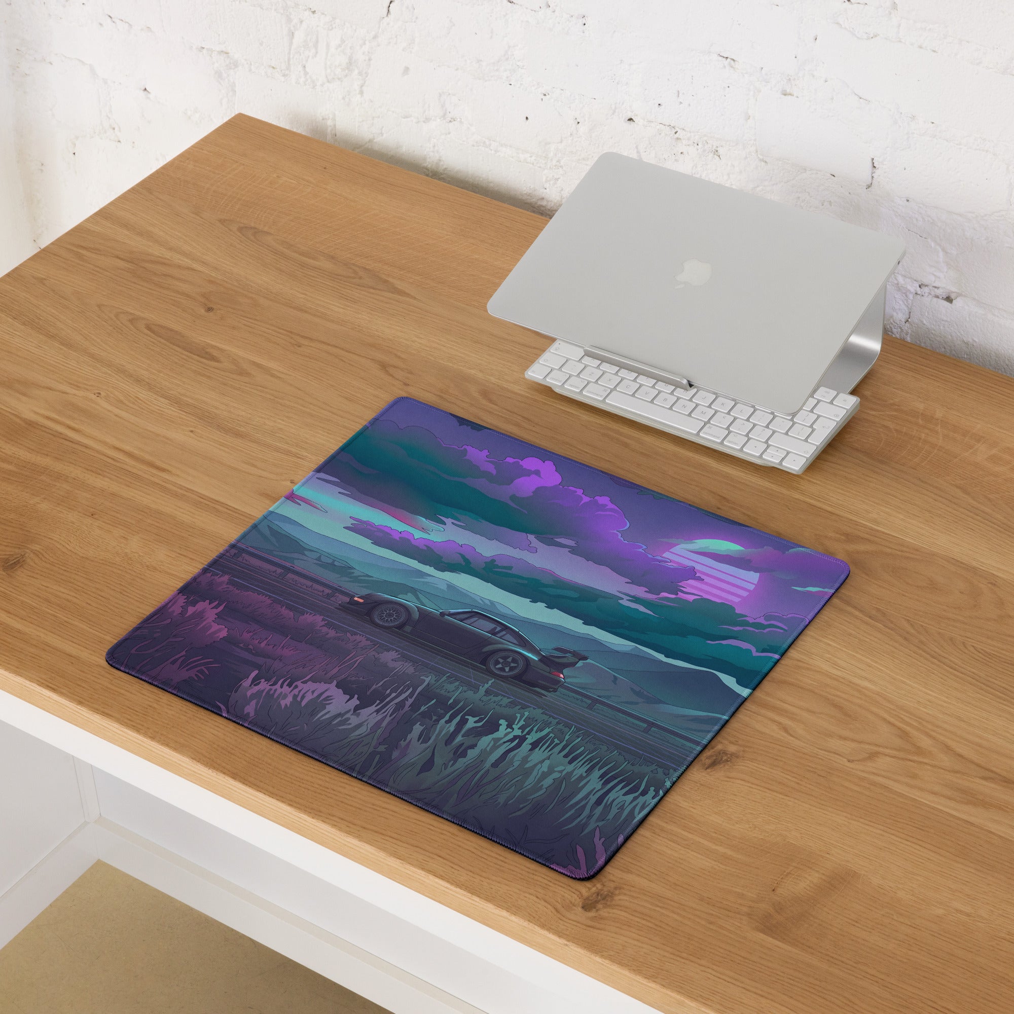 Porsche 911 964 RWB Inspired Purple Teal Vaporwave Gaming Mouse Pad, Moody Mountain Road Desk Mat with Retro Futuristic Widebody Car Artwork