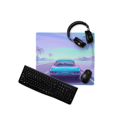 Chevrolet Corvette C1 Inspired Blue Pink Vaporwave Gaming Mouse Pad, Pastel Neon Highway Desk Mat with Retro Futuristic Classic Car Artwork