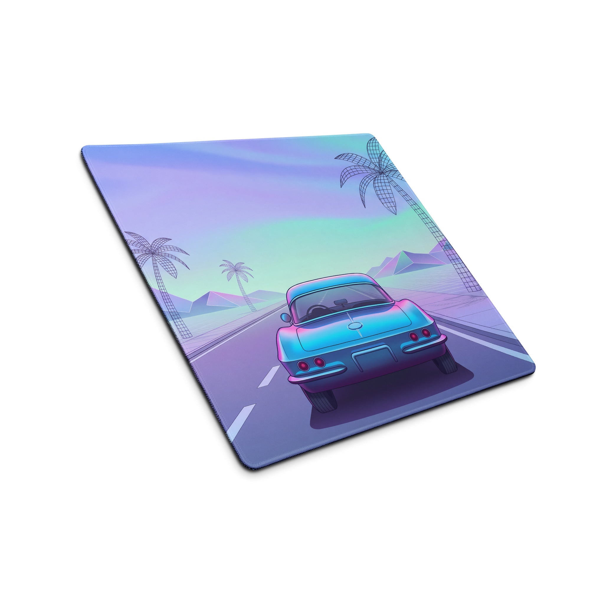Chevrolet Corvette C1 Inspired Blue Pink Vaporwave Gaming Mouse Pad, Pastel Neon Highway Desk Mat with Retro Futuristic Classic Car Artwork