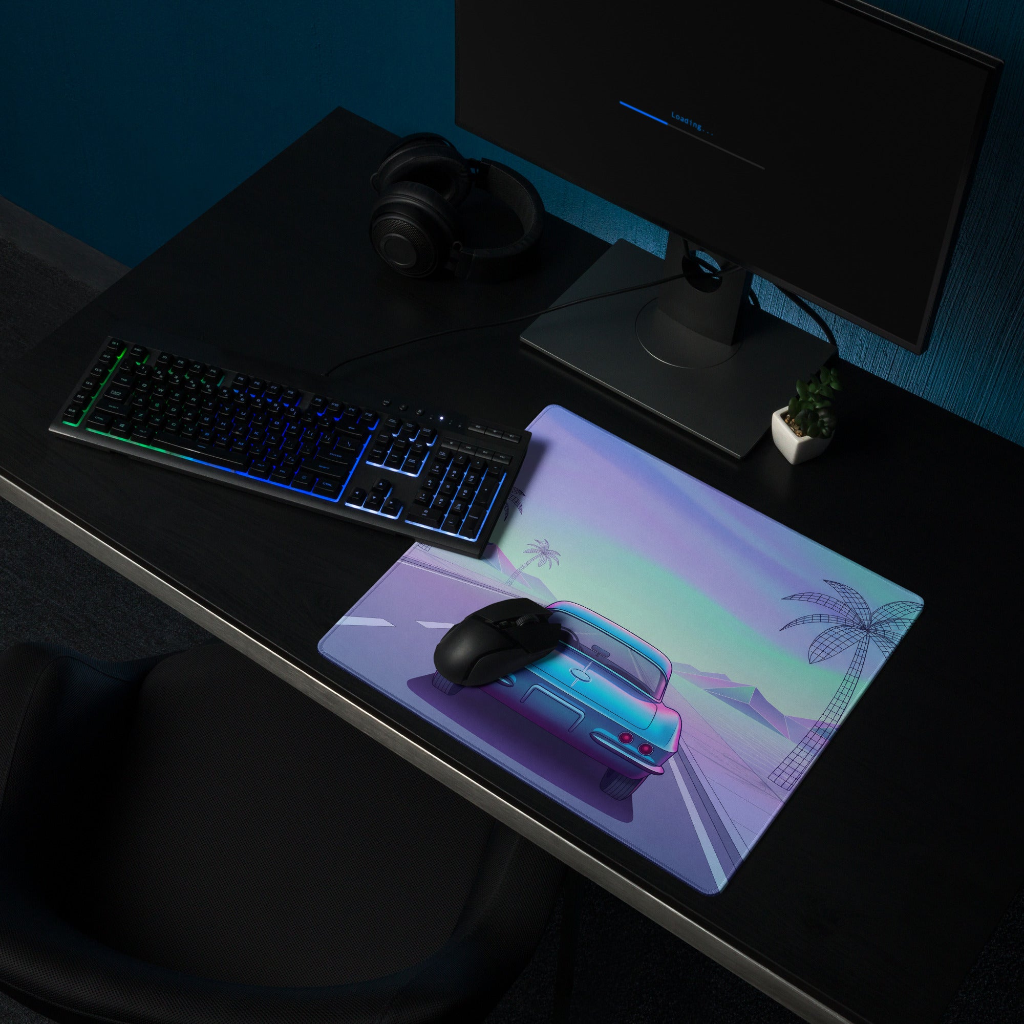Chevrolet Corvette C1 Inspired Blue Pink Vaporwave Gaming Mouse Pad, Pastel Neon Highway Desk Mat with Retro Futuristic Classic Car Artwork