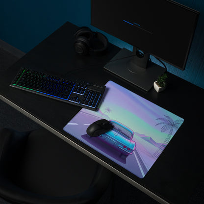 Chevrolet Corvette C1 Inspired Blue Pink Vaporwave Gaming Mouse Pad, Pastel Neon Highway Desk Mat with Retro Futuristic Classic Car Artwork