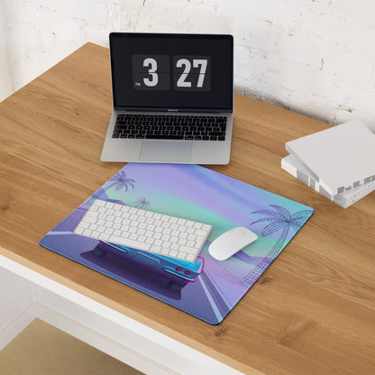 Chevrolet Corvette C1 Inspired Blue Pink Vaporwave Gaming Mouse Pad, Pastel Neon Highway Desk Mat with Retro Futuristic Classic Car Artwork