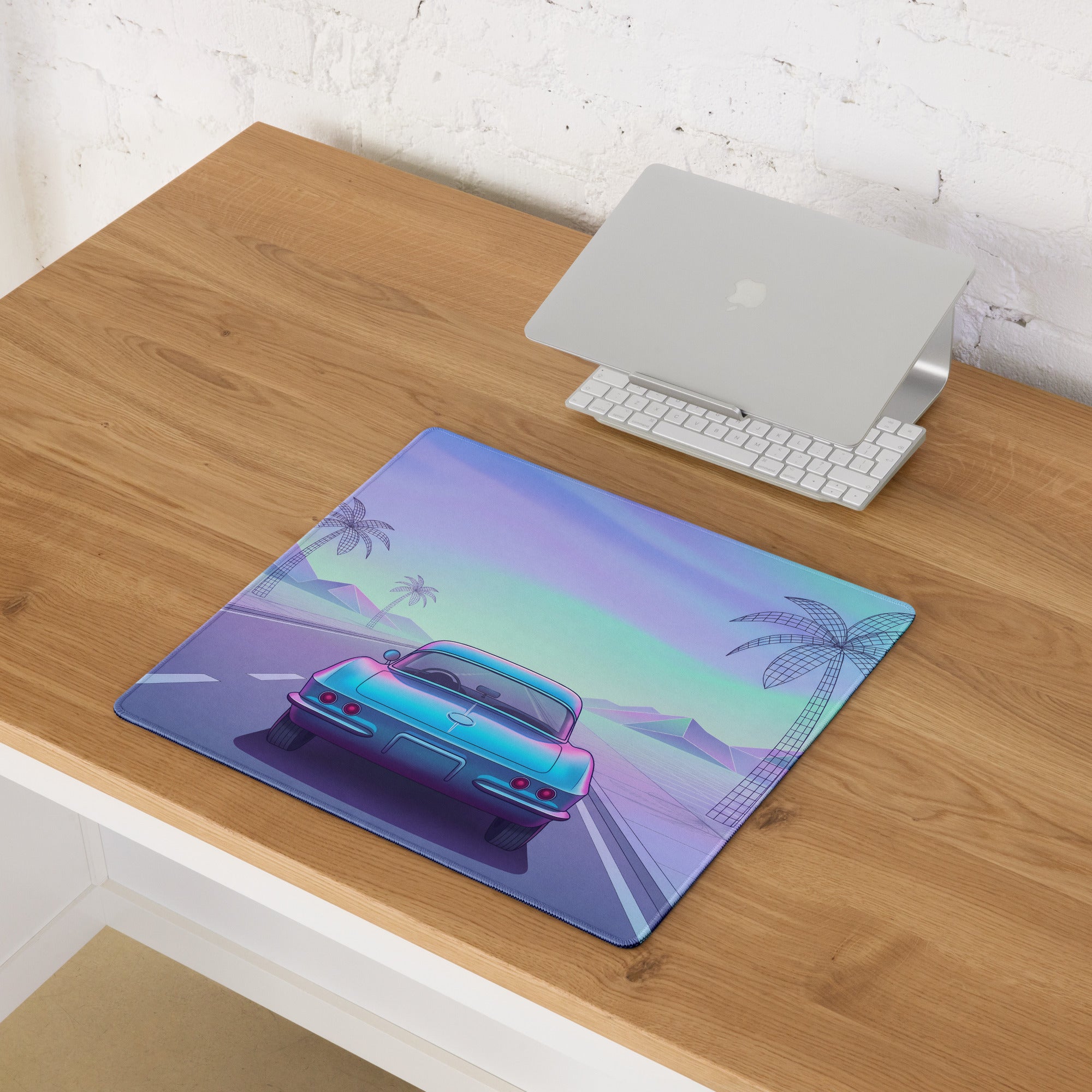 Chevrolet Corvette C1 Inspired Blue Pink Vaporwave Gaming Mouse Pad, Pastel Neon Highway Desk Mat with Retro Futuristic Classic Car Artwork