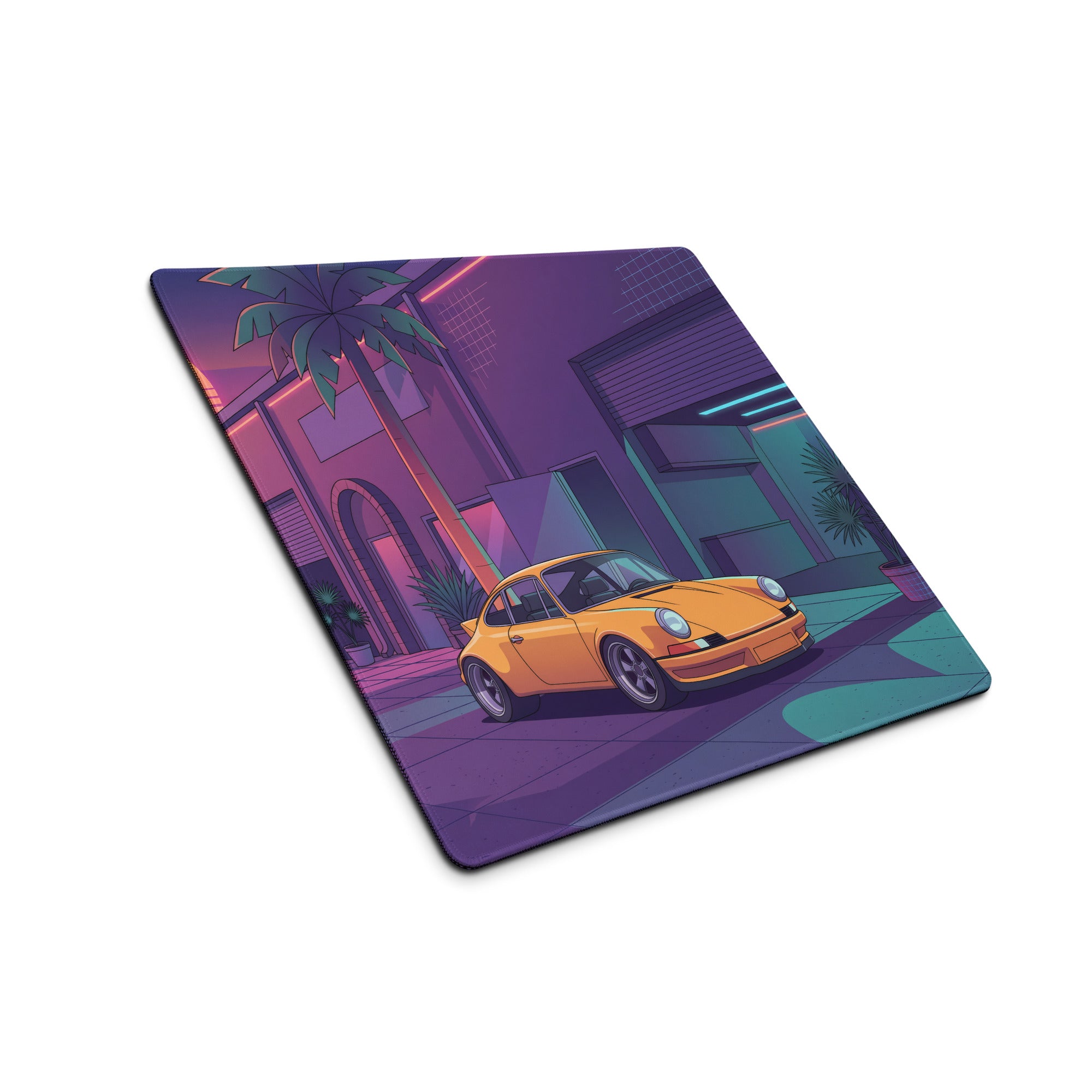 Porsche 911 964 Inspired Orange Purple Vaporwave Gaming Mouse Pad, Neon Miami Street Desk Mat with Retro Futuristic Classic Sports Car Artwork