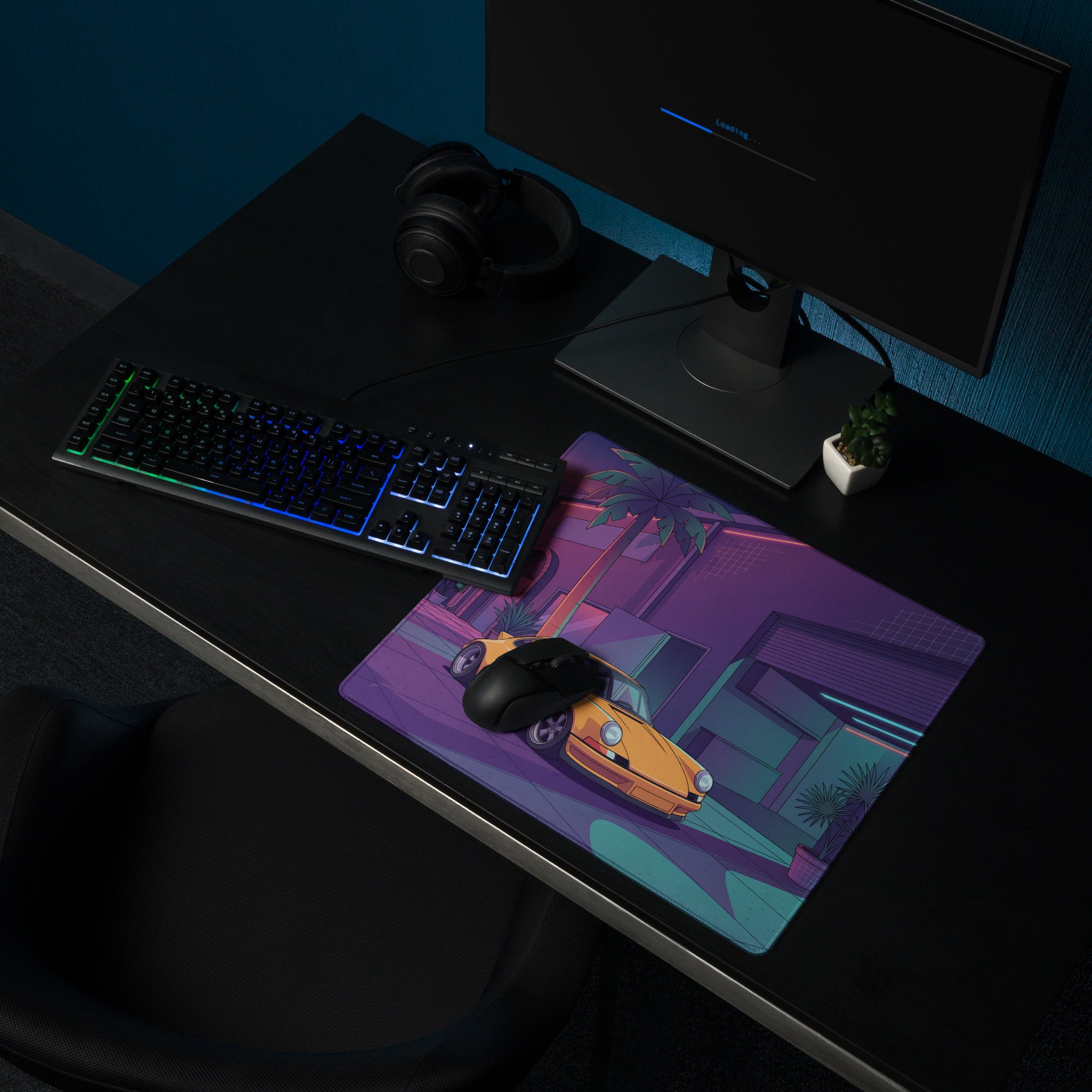 Porsche 911 964 Inspired Orange Purple Vaporwave Gaming Mouse Pad, Neon Miami Street Desk Mat with Retro Futuristic Classic Sports Car Artwork
