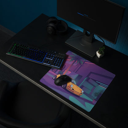 Porsche 911 964 Inspired Orange Purple Vaporwave Gaming Mouse Pad, Neon Miami Street Desk Mat with Retro Futuristic Classic Sports Car Artwork