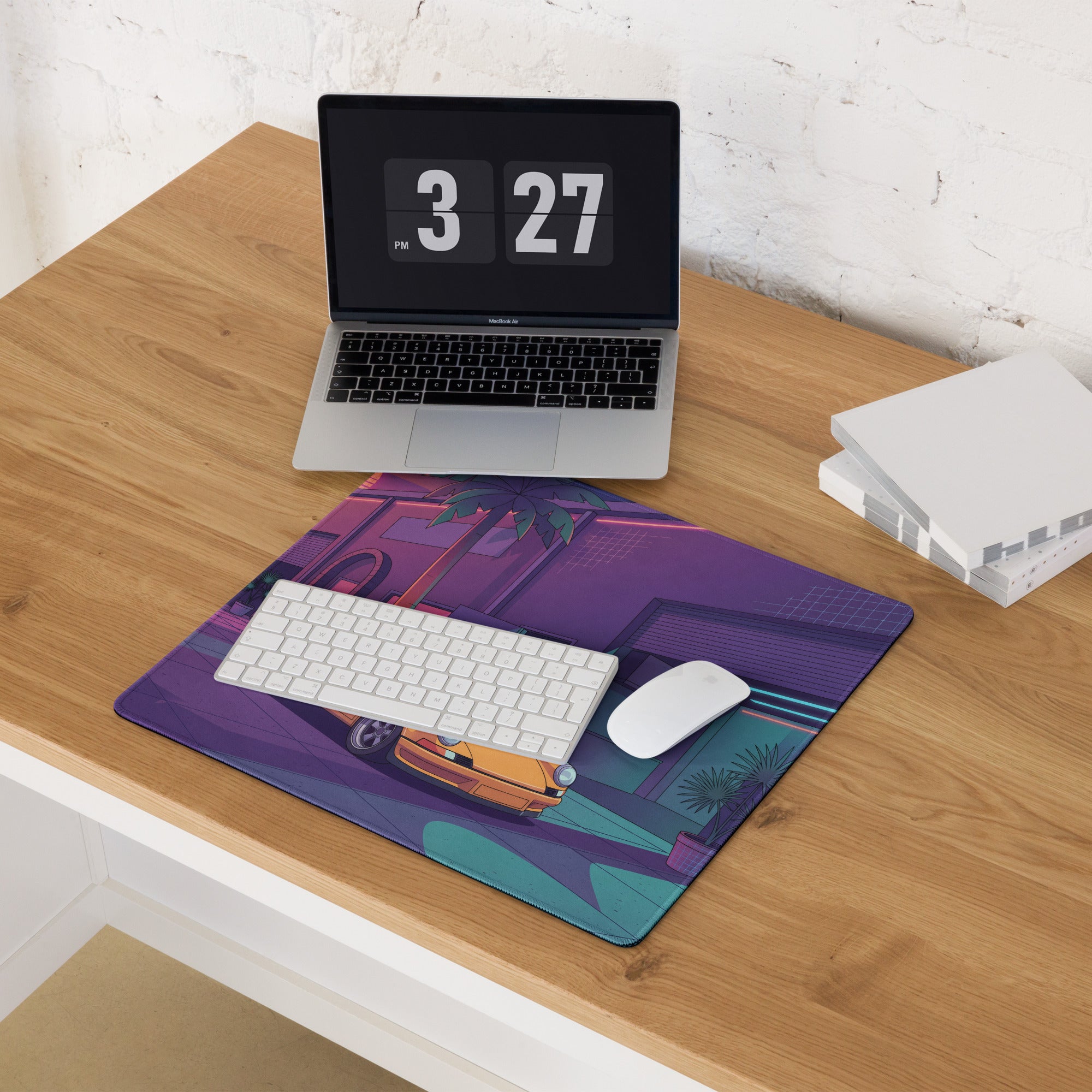 Porsche 911 964 Inspired Orange Purple Vaporwave Gaming Mouse Pad, Neon Miami Street Desk Mat with Retro Futuristic Classic Sports Car Artwork