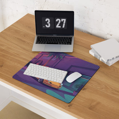 Porsche 911 964 Inspired Orange Purple Vaporwave Gaming Mouse Pad, Neon Miami Street Desk Mat with Retro Futuristic Classic Sports Car Artwork