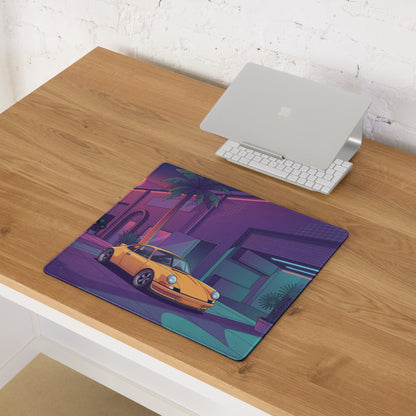 Porsche 911 964 Inspired Orange Purple Vaporwave Gaming Mouse Pad, Neon Miami Street Desk Mat with Retro Futuristic Classic Sports Car Artwork
