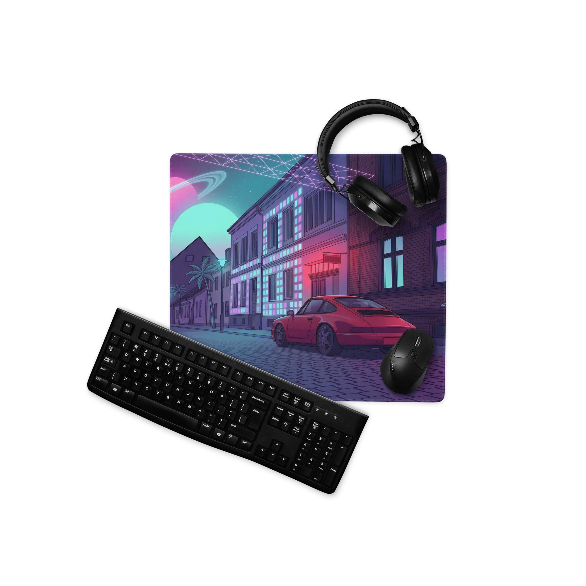 Porsche 911 964 Inspired Red Purple Vaporwave Gaming Mouse Pad, Neon City Street Desk Mat with Retro Futuristic Sports Car Artwork
