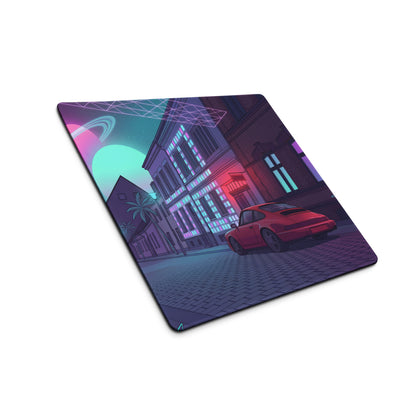 Porsche 911 964 Inspired Red Purple Vaporwave Gaming Mouse Pad, Neon City Street Desk Mat with Retro Futuristic Sports Car Artwork