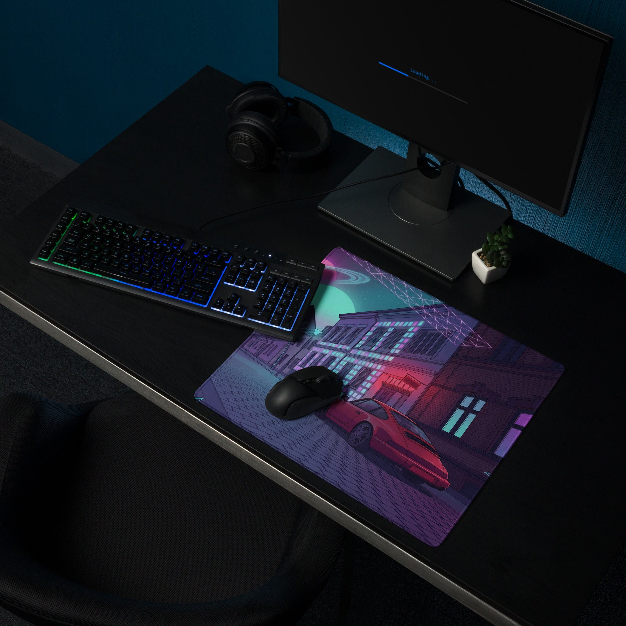 Porsche 911 964 Inspired Red Purple Vaporwave Gaming Mouse Pad, Neon City Street Desk Mat with Retro Futuristic Sports Car Artwork