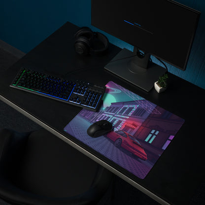 Porsche 911 964 Inspired Red Purple Vaporwave Gaming Mouse Pad, Neon City Street Desk Mat with Retro Futuristic Sports Car Artwork