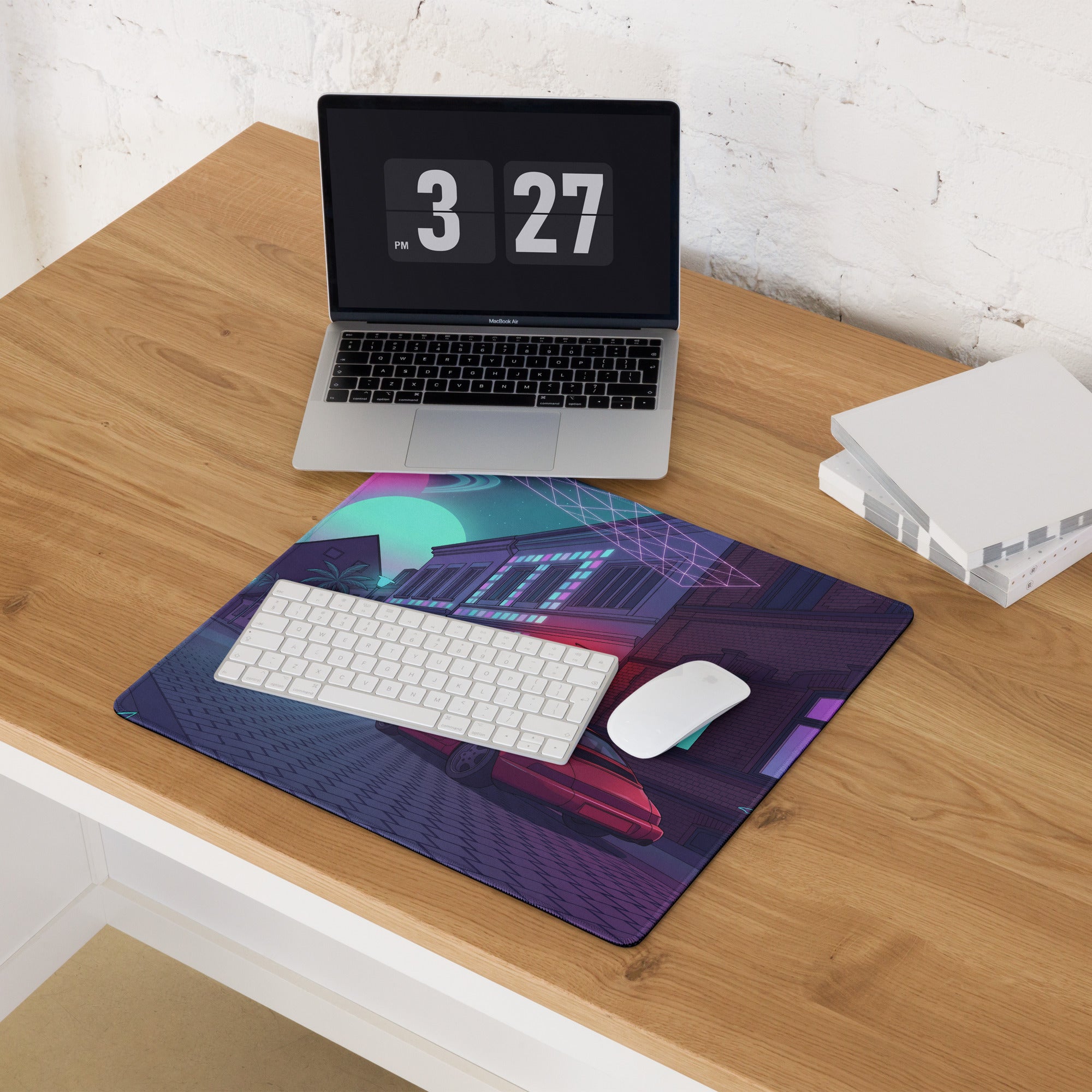 Porsche 911 964 Inspired Red Purple Vaporwave Gaming Mouse Pad, Neon City Street Desk Mat with Retro Futuristic Sports Car Artwork