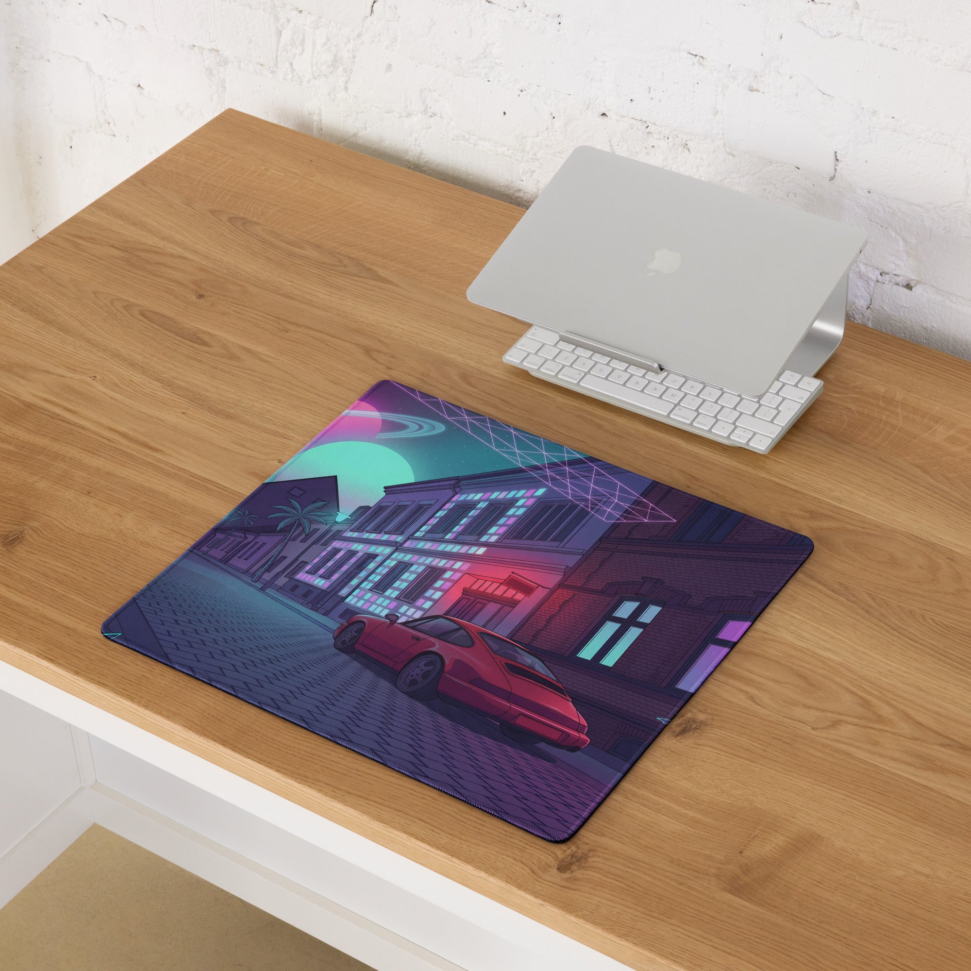 Porsche 911 964 Inspired Red Purple Vaporwave Gaming Mouse Pad, Neon City Street Desk Mat with Retro Futuristic Sports Car Artwork