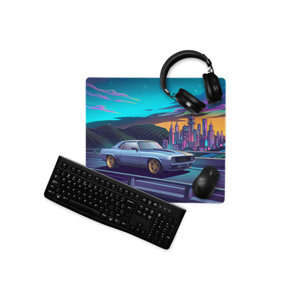 Chevrolet Camaro 1969 Inspired Blue Gold Vaporwave Gaming Mouse Pad, Neon Futuristic City Desk Mat with Retro Muscle Car Artwork