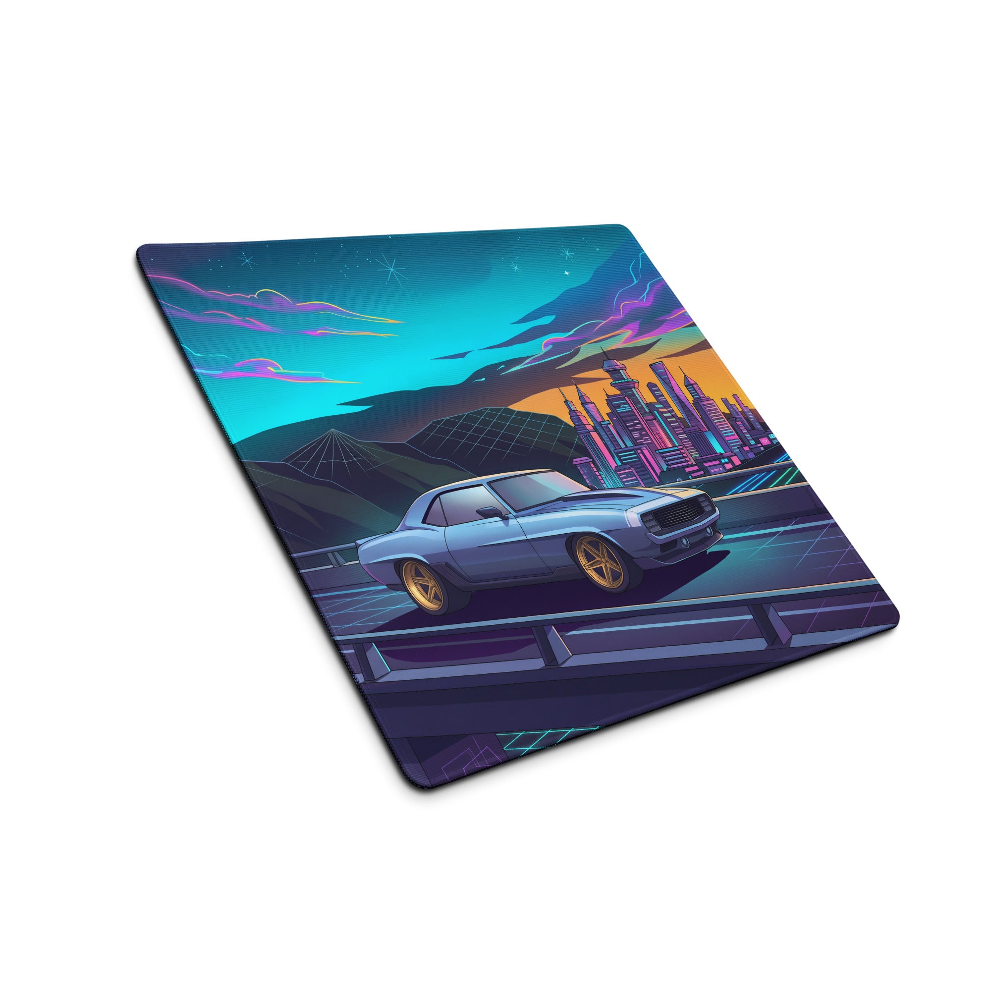 Chevrolet Camaro 1969 Inspired Blue Gold Vaporwave Gaming Mouse Pad, Neon Futuristic City Desk Mat with Retro Muscle Car Artwork