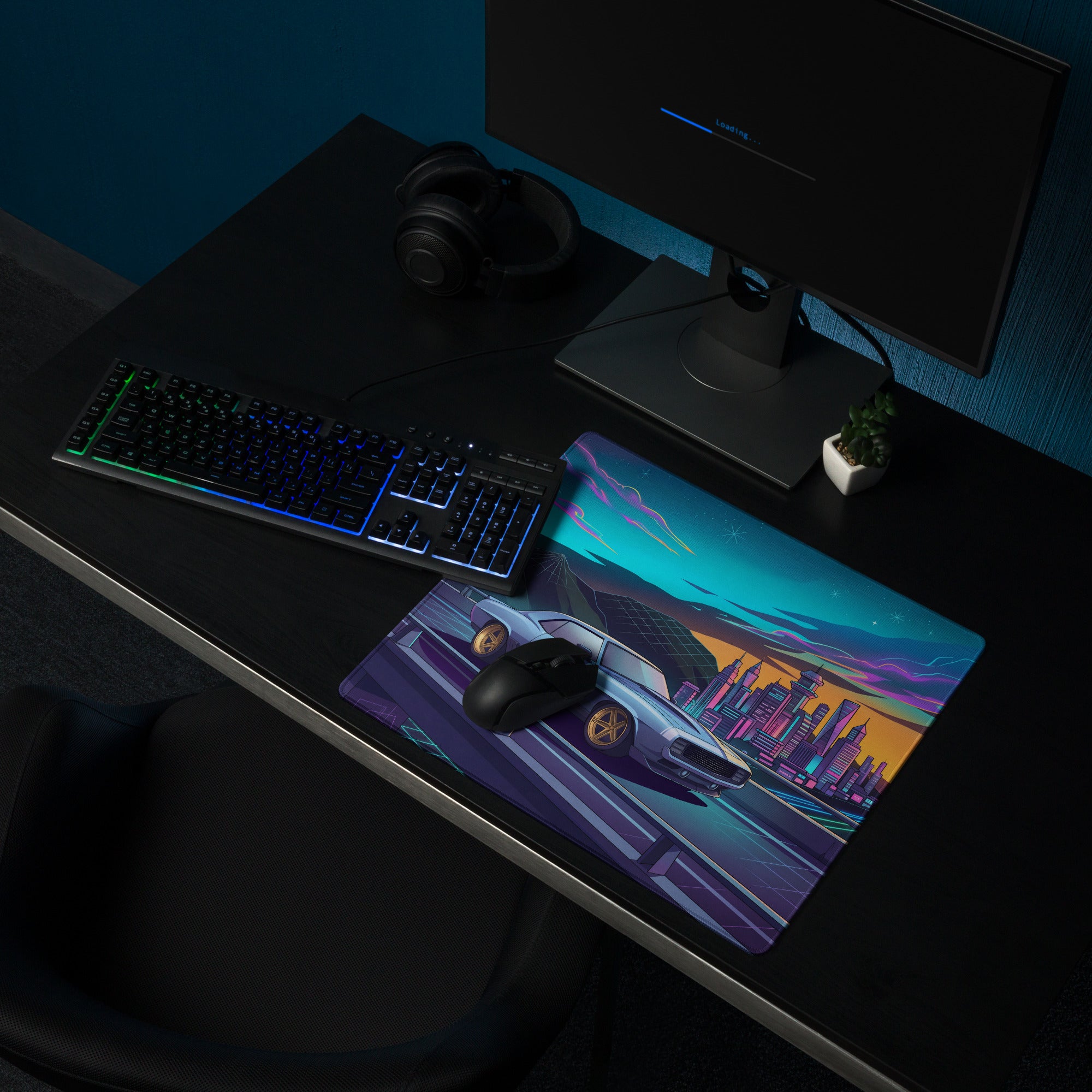 Chevrolet Camaro 1969 Inspired Blue Gold Vaporwave Gaming Mouse Pad, Neon Futuristic City Desk Mat with Retro Muscle Car Artwork