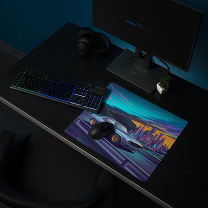 Chevrolet Camaro 1969 Inspired Blue Gold Vaporwave Gaming Mouse Pad, Neon Futuristic City Desk Mat with Retro Muscle Car Artwork
