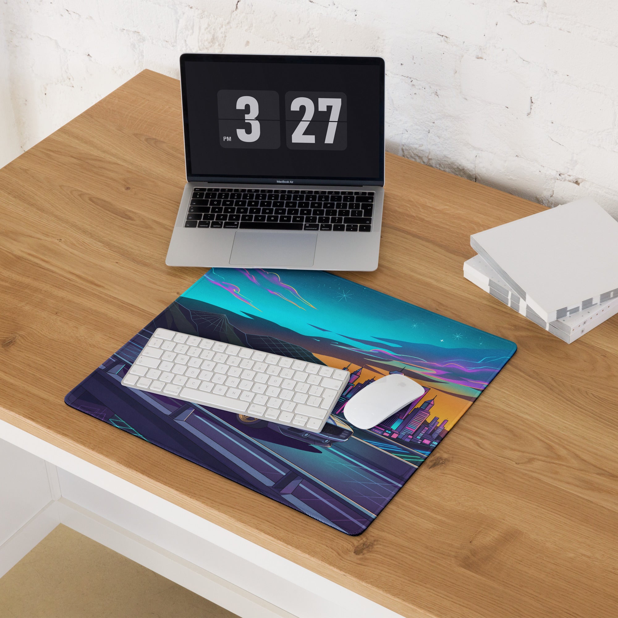 Chevrolet Camaro 1969 Inspired Blue Gold Vaporwave Gaming Mouse Pad, Neon Futuristic City Desk Mat with Retro Muscle Car Artwork