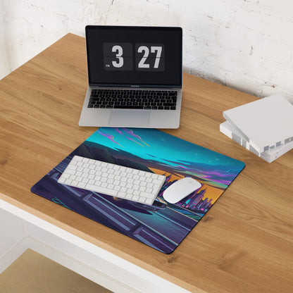 Chevrolet Camaro 1969 Inspired Blue Gold Vaporwave Gaming Mouse Pad, Neon Futuristic City Desk Mat with Retro Muscle Car Artwork