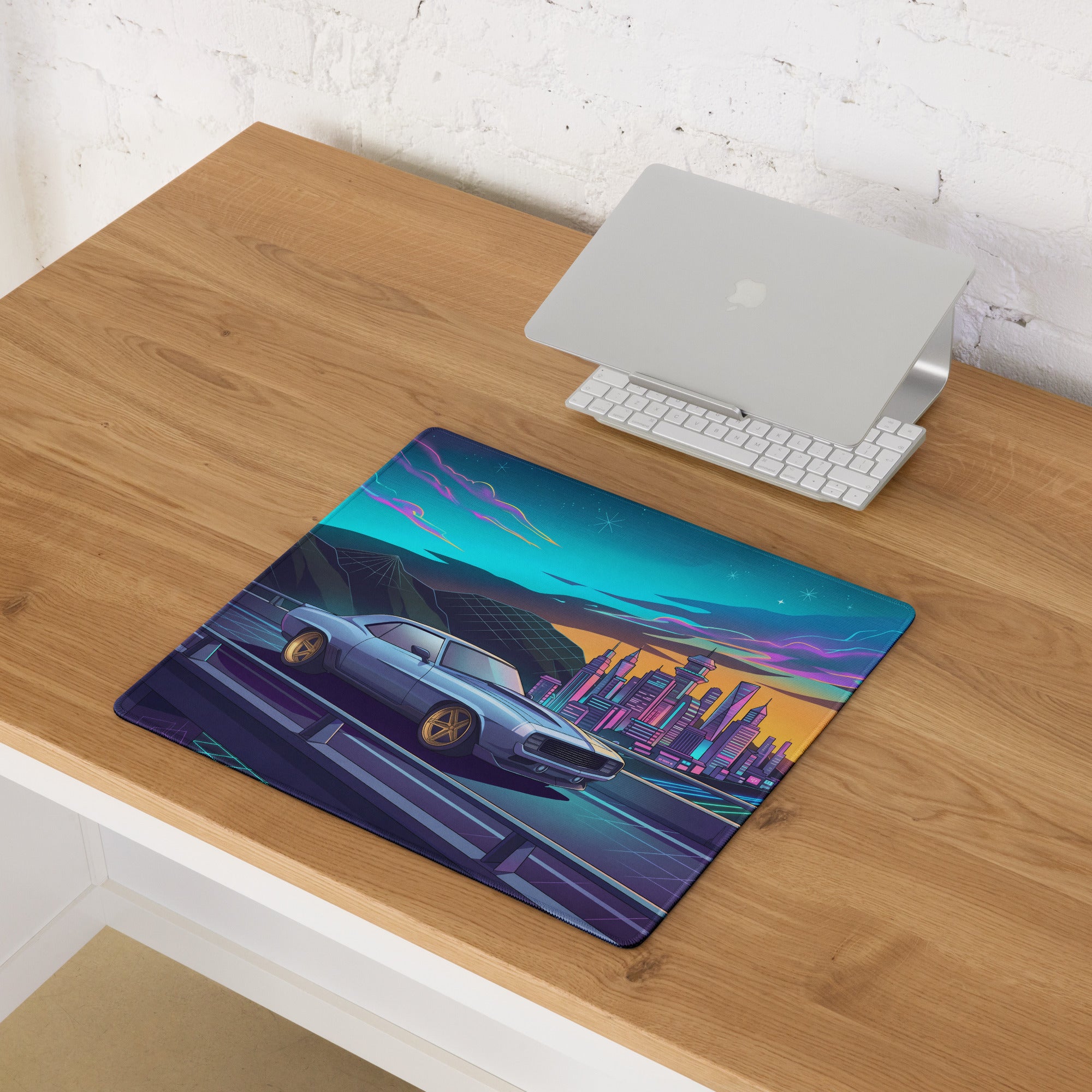 Chevrolet Camaro 1969 Inspired Blue Gold Vaporwave Gaming Mouse Pad, Neon Futuristic City Desk Mat with Retro Muscle Car Artwork