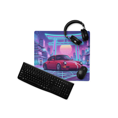 Porsche 911 964 Inspired Red Blue Vaporwave Gaming Mouse Pad, Neon Tokyo Street Desk Mat with Retro Futuristic Japanese Car Artwork