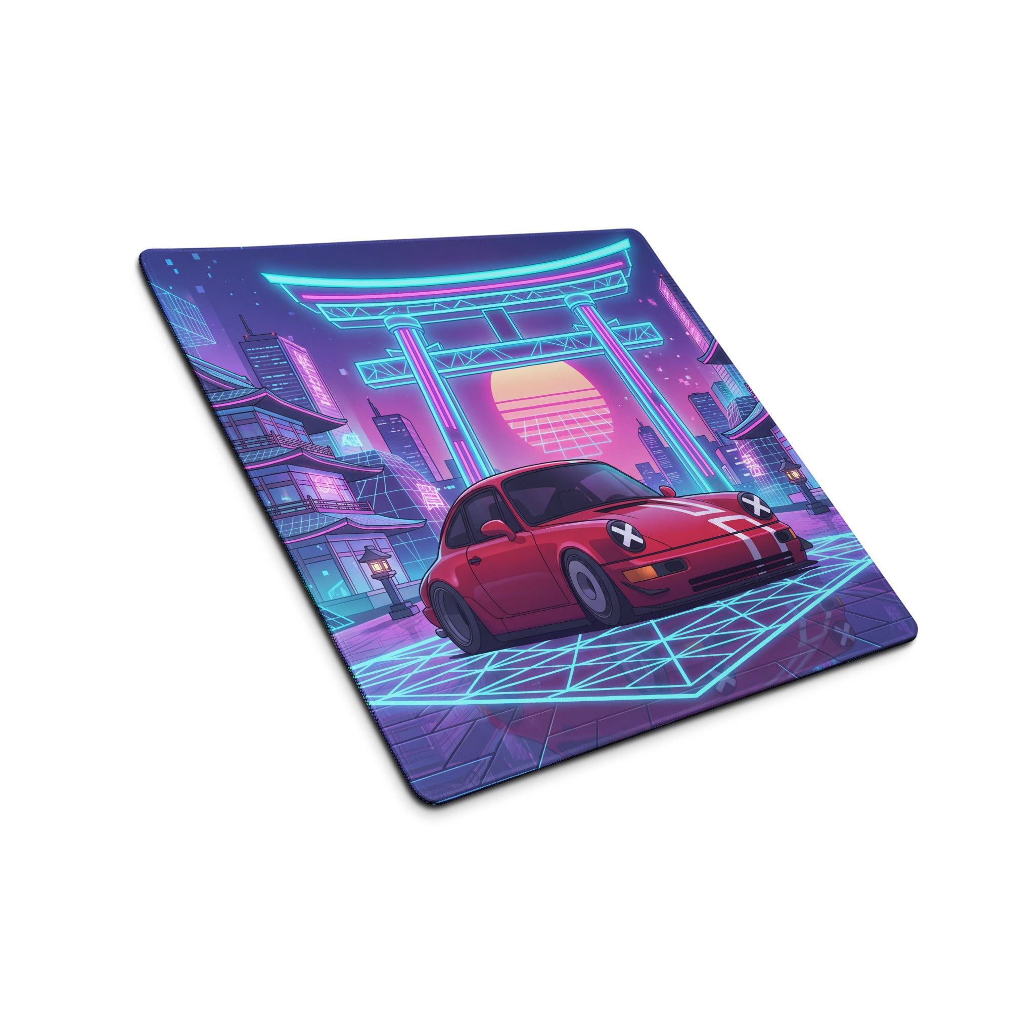 Porsche 911 964 Inspired Red Blue Vaporwave Gaming Mouse Pad, Neon Tokyo Street Desk Mat with Retro Futuristic Japanese Car Artwork