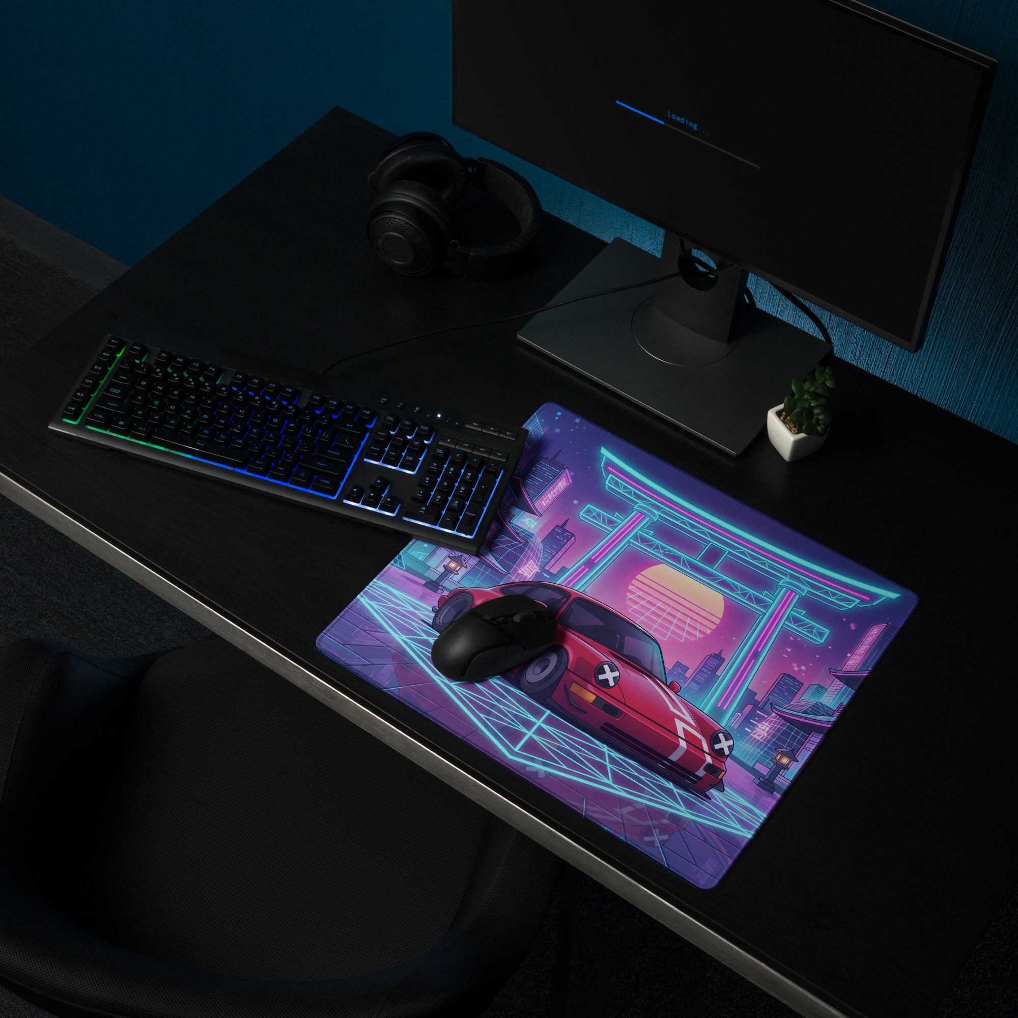 Porsche 911 964 Inspired Red Blue Vaporwave Gaming Mouse Pad, Neon Tokyo Street Desk Mat with Retro Futuristic Japanese Car Artwork