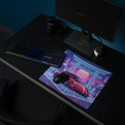 Porsche 911 964 Inspired Red Blue Vaporwave Gaming Mouse Pad, Neon Tokyo Street Desk Mat with Retro Futuristic Japanese Car Artwork