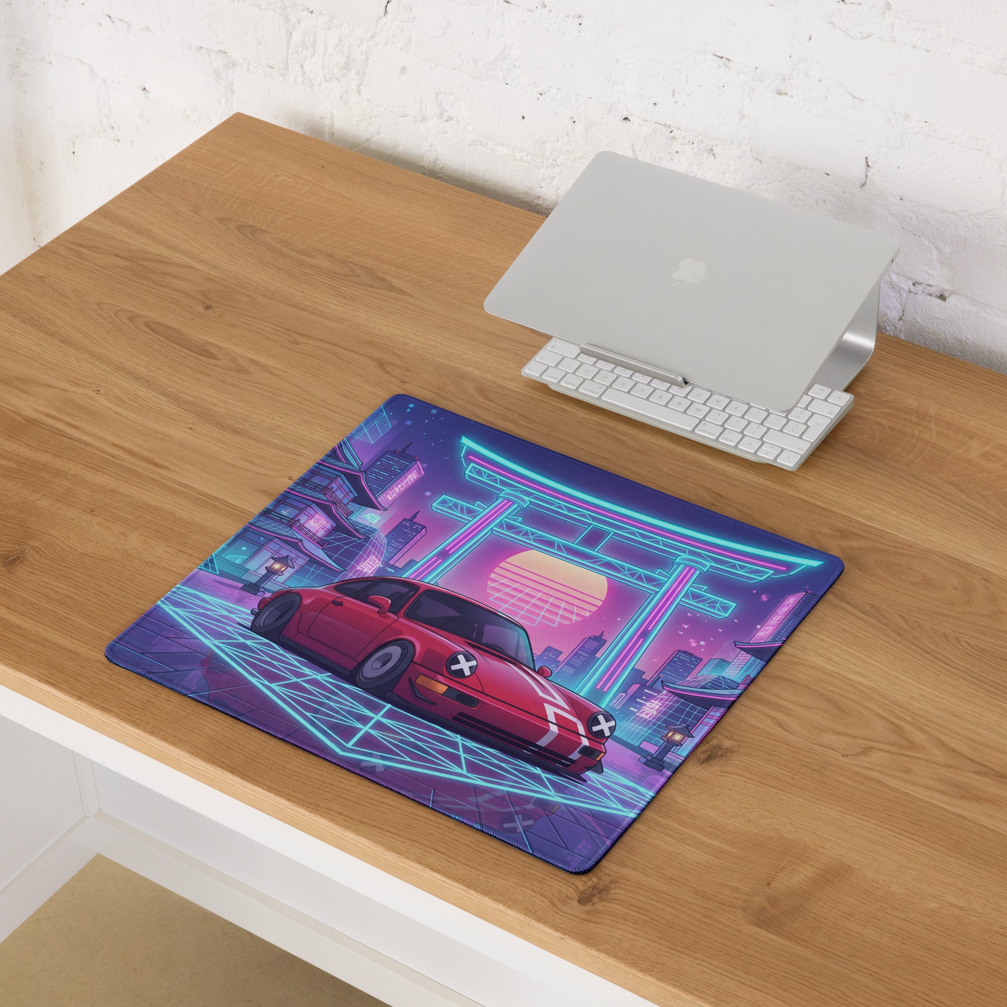 Porsche 911 964 Inspired Red Blue Vaporwave Gaming Mouse Pad, Neon Tokyo Street Desk Mat with Retro Futuristic Japanese Car Artwork