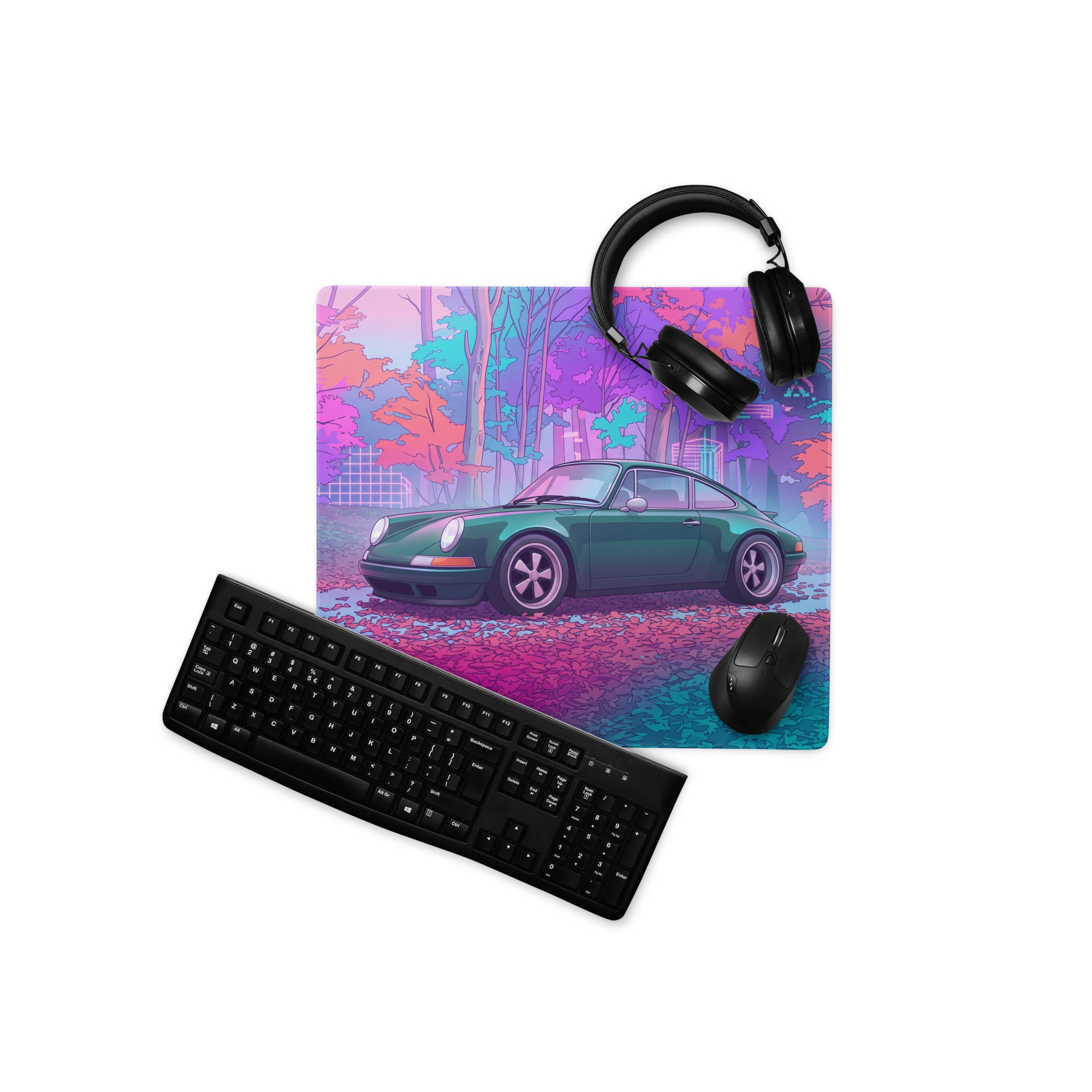 Porsche 911 964 Inspired Green Pink Vaporwave Gaming Mouse Pad, Neon Forest Desk Mat with Retro Futuristic Classic Sports Car Artwork