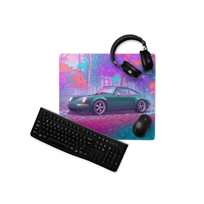 Porsche 911 964 Inspired Green Pink Vaporwave Gaming Mouse Pad, Neon Forest Desk Mat with Retro Futuristic Classic Sports Car Artwork