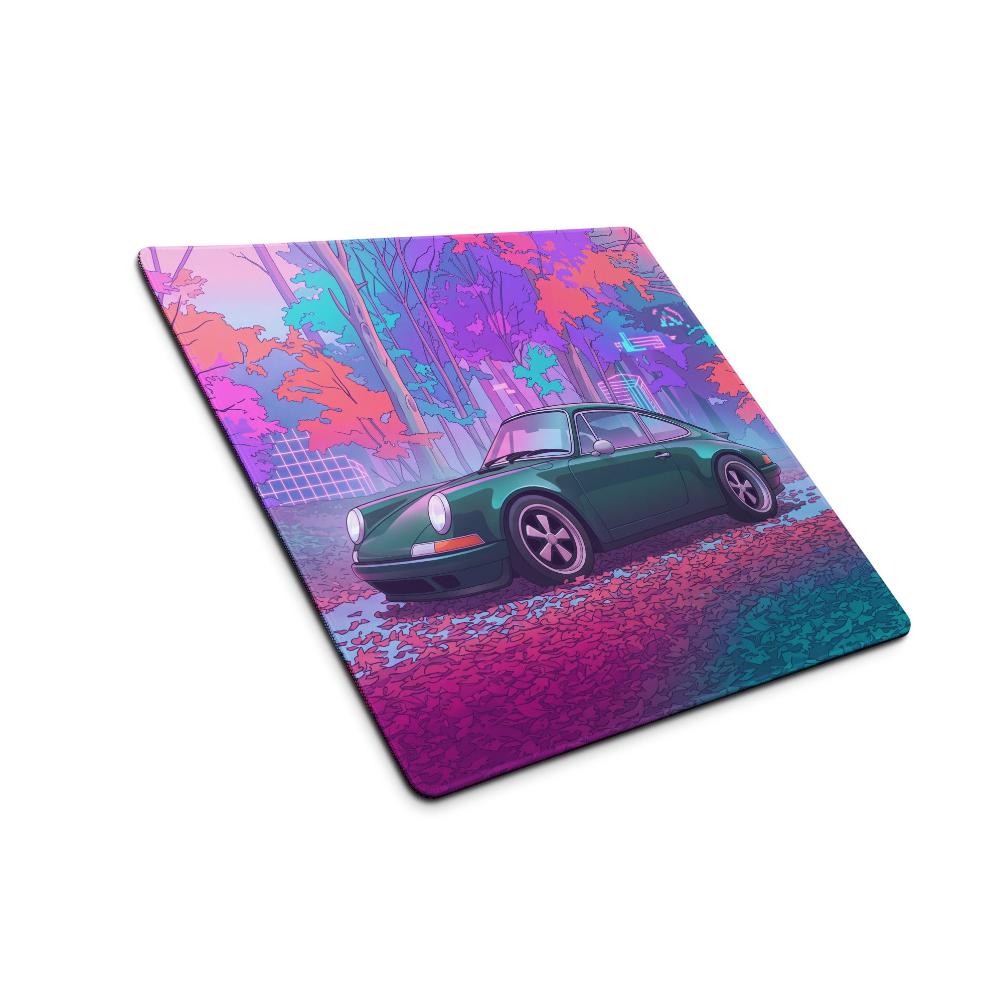 Porsche 911 964 Inspired Green Pink Vaporwave Gaming Mouse Pad, Neon Forest Desk Mat with Retro Futuristic Classic Sports Car Artwork