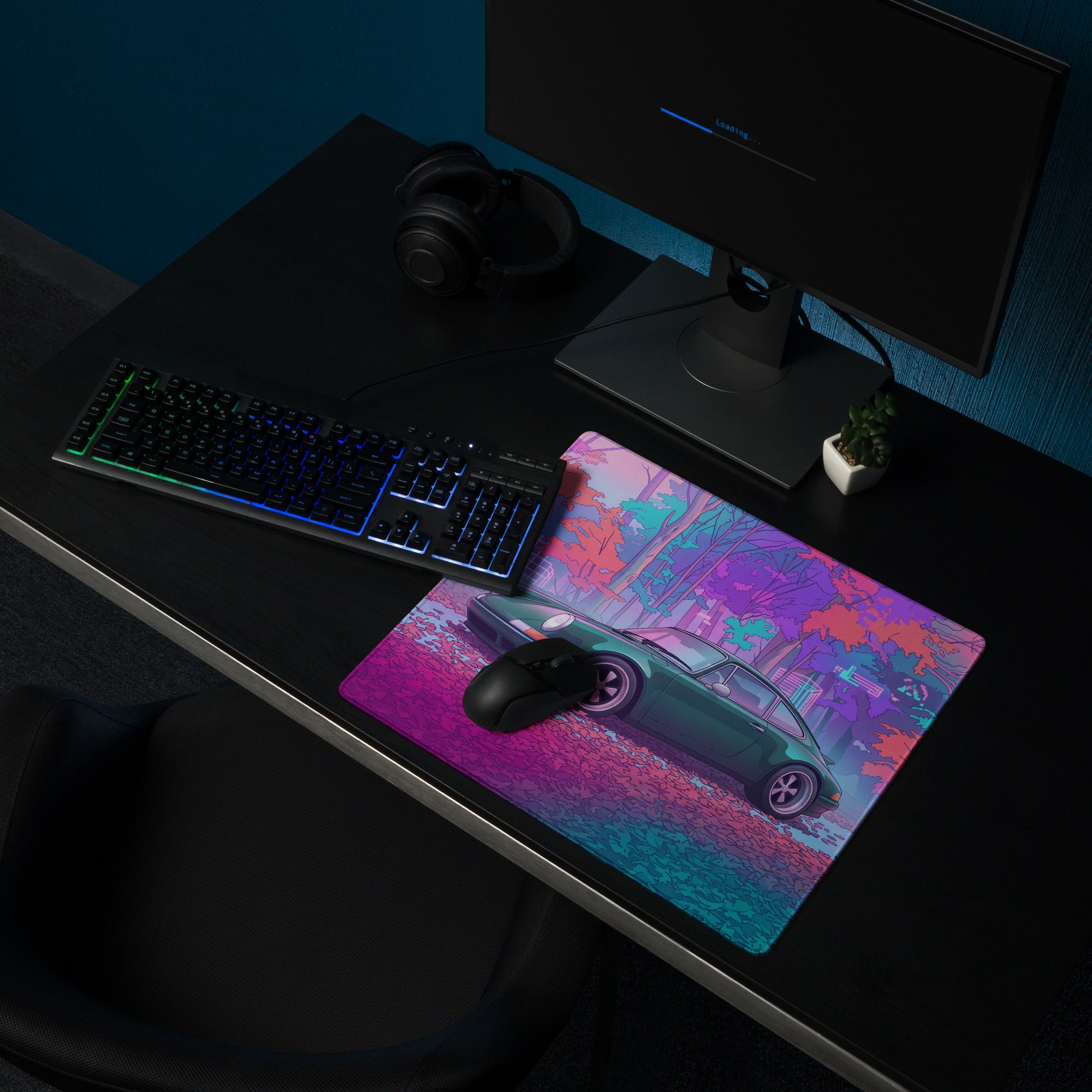 Porsche 911 964 Inspired Green Pink Vaporwave Gaming Mouse Pad, Neon Forest Desk Mat with Retro Futuristic Classic Sports Car Artwork