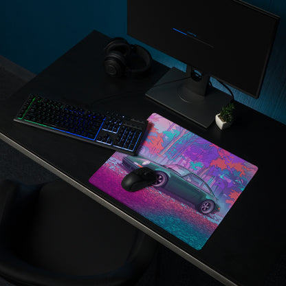 Porsche 911 964 Inspired Green Pink Vaporwave Gaming Mouse Pad, Neon Forest Desk Mat with Retro Futuristic Classic Sports Car Artwork