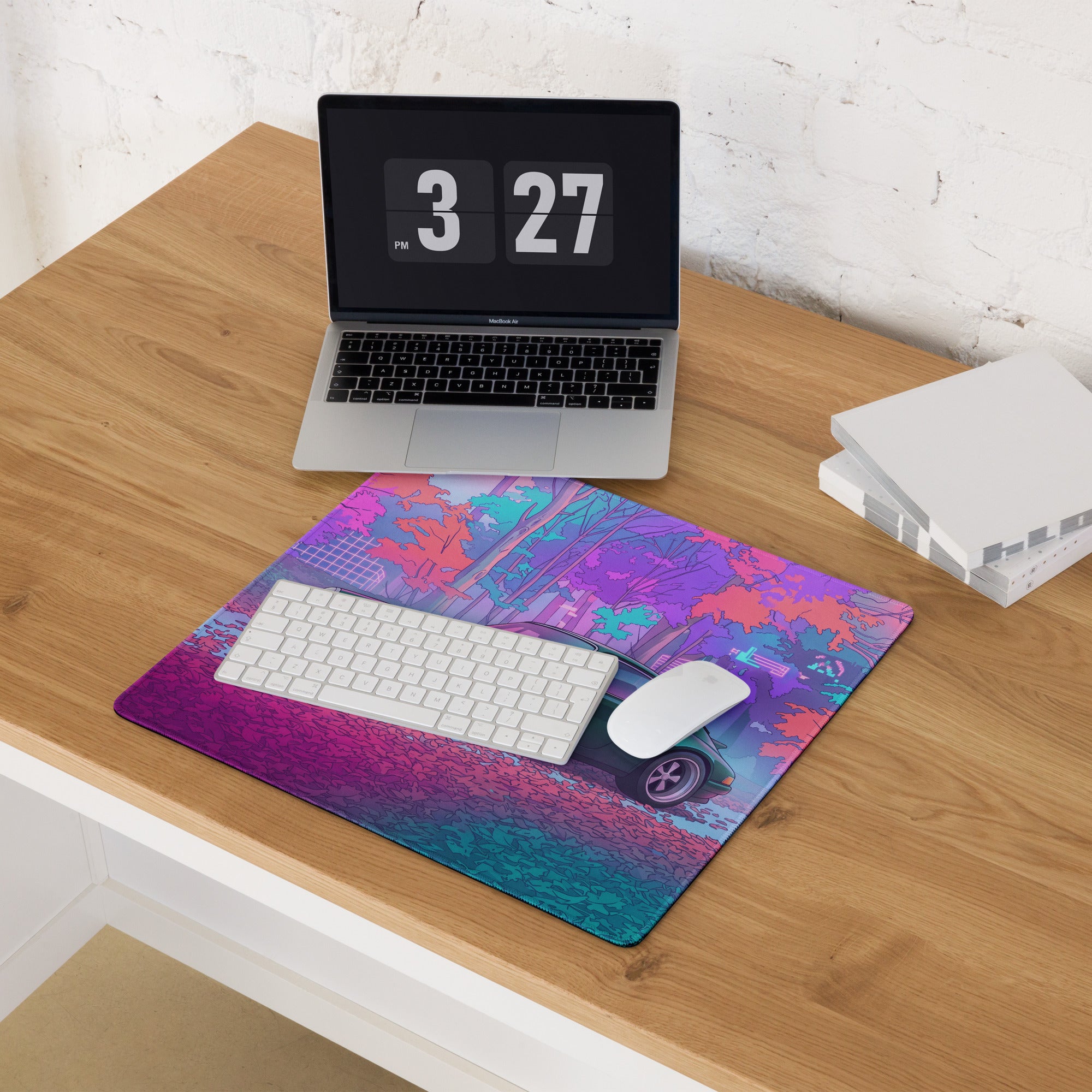 Porsche 911 964 Inspired Green Pink Vaporwave Gaming Mouse Pad, Neon Forest Desk Mat with Retro Futuristic Classic Sports Car Artwork
