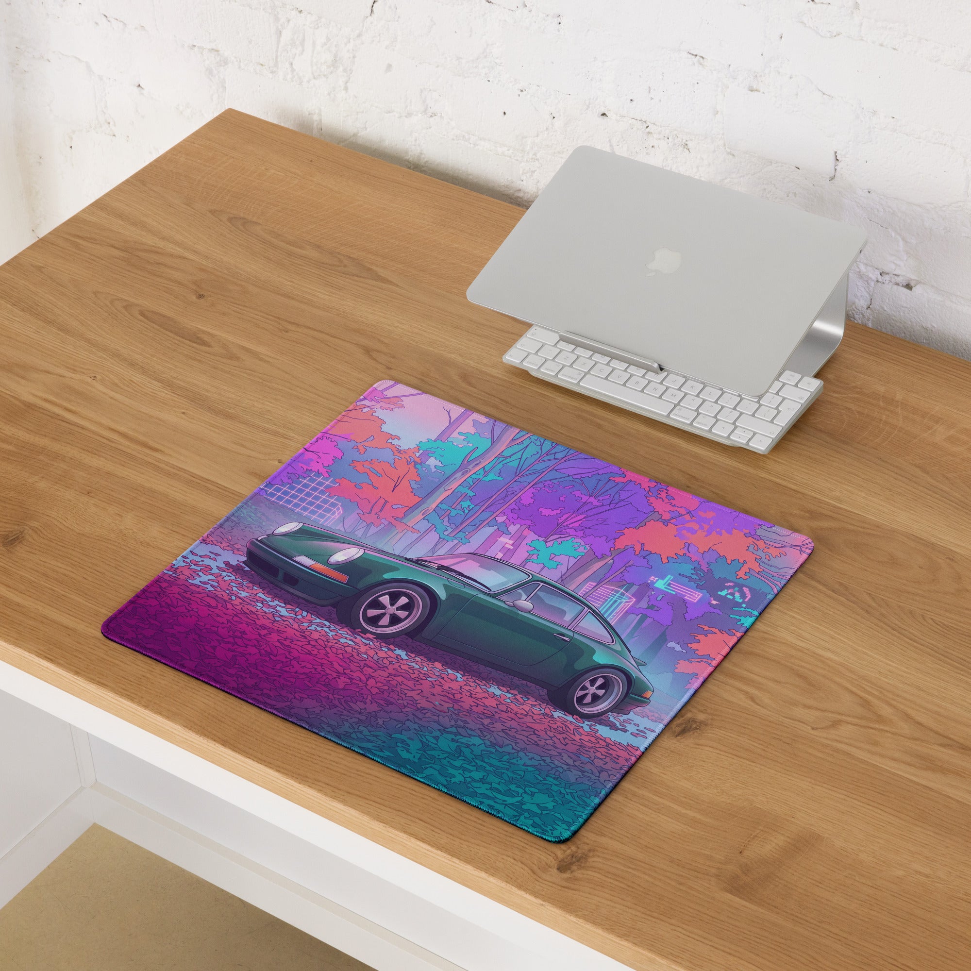 Porsche 911 964 Inspired Green Pink Vaporwave Gaming Mouse Pad, Neon Forest Desk Mat with Retro Futuristic Classic Sports Car Artwork