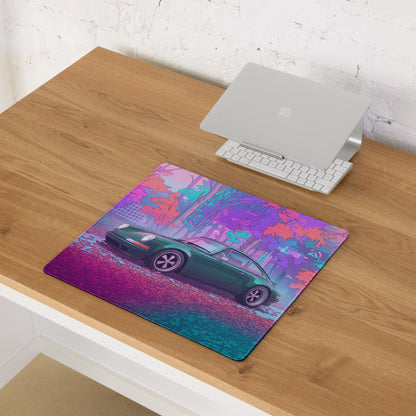 Porsche 911 964 Inspired Green Pink Vaporwave Gaming Mouse Pad, Neon Forest Desk Mat with Retro Futuristic Classic Sports Car Artwork