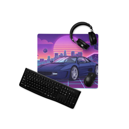 Ferrari F355 Inspired Blue Purple Vaporwave Gaming Mouse Pad, Neon Retro Sunset City Desk Mat with Futuristic Supercar Artwork
