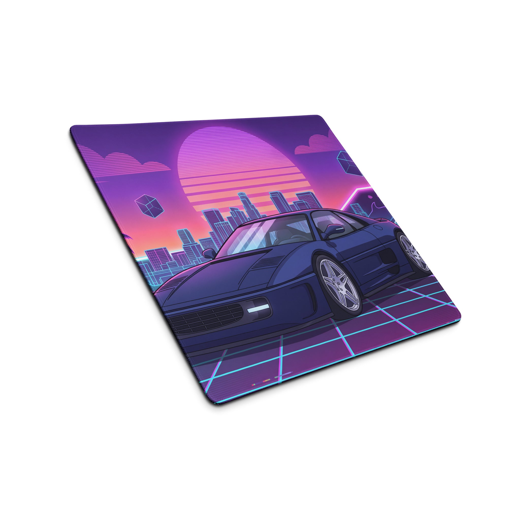 Ferrari F355 Inspired Blue Purple Vaporwave Gaming Mouse Pad, Neon Retro Sunset City Desk Mat with Futuristic Supercar Artwork