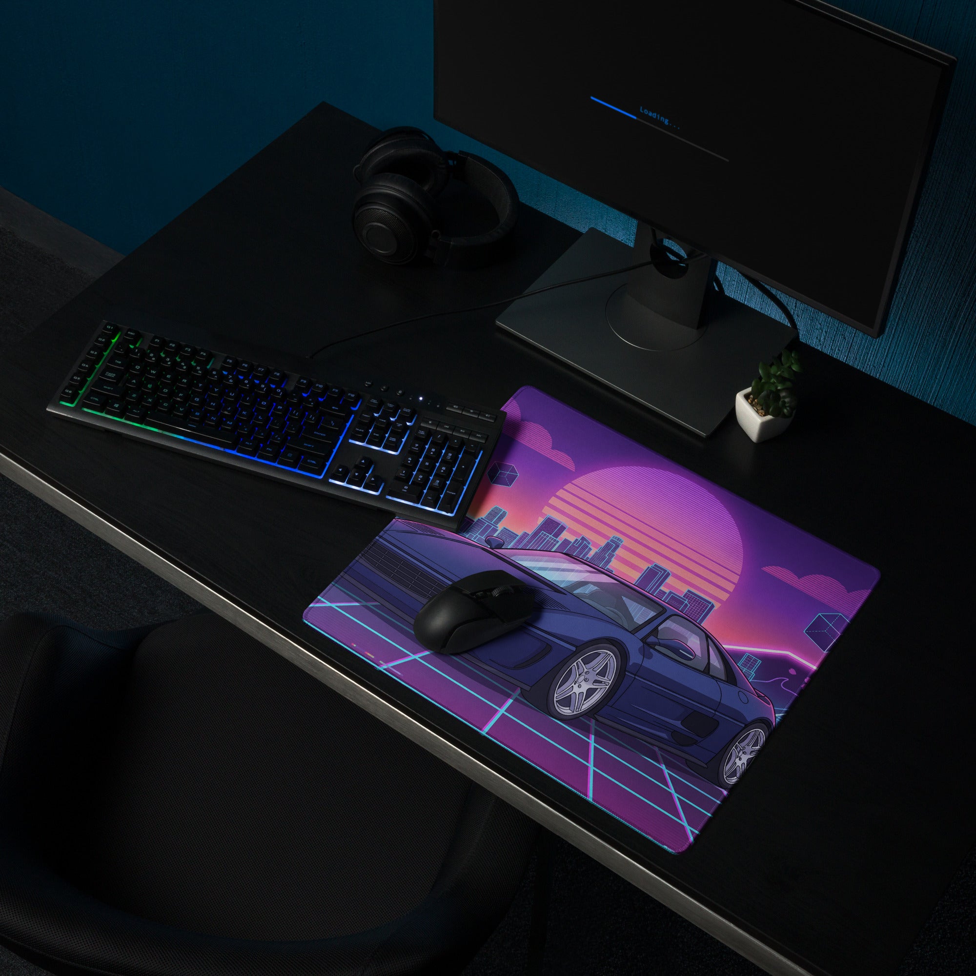 Ferrari F355 Inspired Blue Purple Vaporwave Gaming Mouse Pad, Neon Retro Sunset City Desk Mat with Futuristic Supercar Artwork